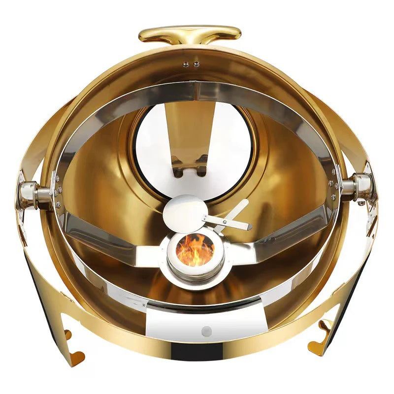 Hotel Large Stainless Steel Gold Hot Pot 6.5L Large Roll Top Round Dining Silver Chafing Dish Food Warmer