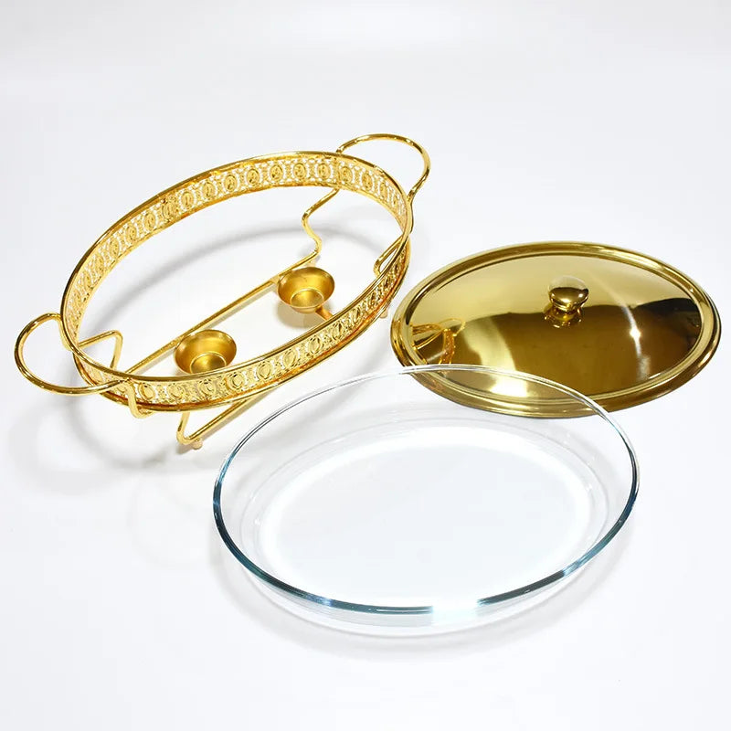 Food Warmer Buffet Luxury Golden Oval Hotel Wedding Chafing Dish Stainless Steel Glass Serving Dish hot pot small chafing dish