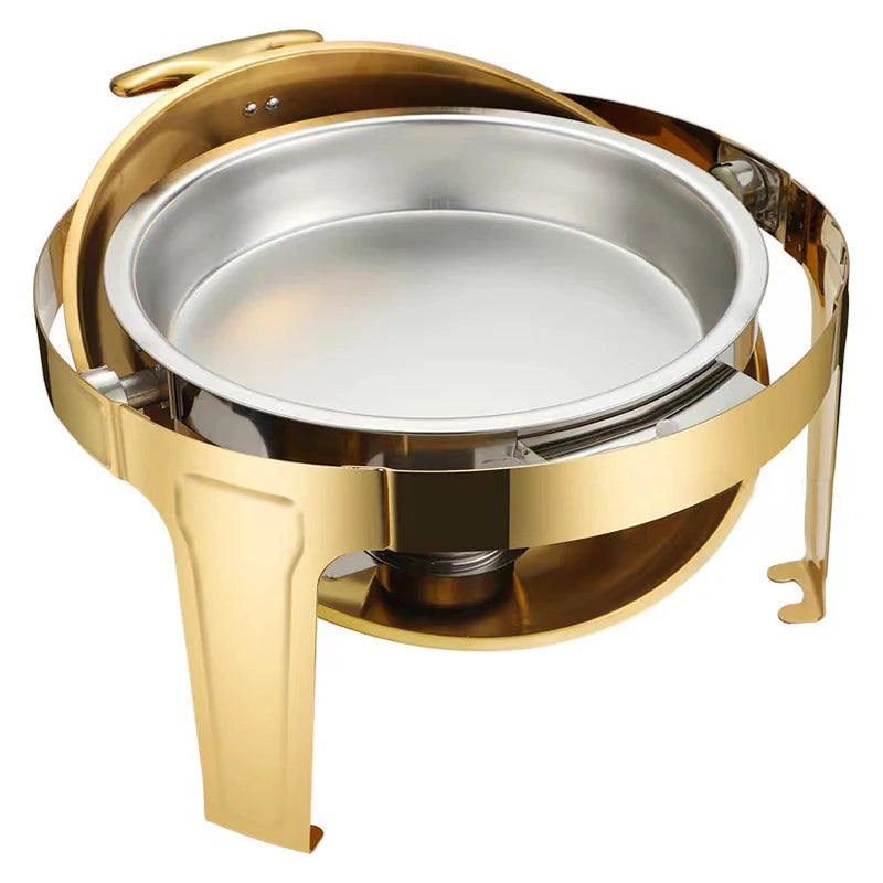 Hotel Large Stainless Steel Gold Hot Pot 6.5L Large Roll Top Round Dining Silver Chafing Dish Food Warmer
