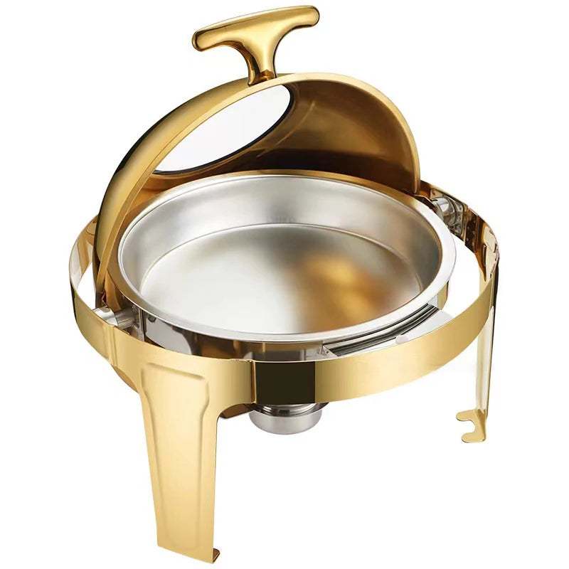 Hotel Large Stainless Steel Gold Hot Pot 6.5L Large Roll Top Round Dining Silver Chafing Dish Food Warmer