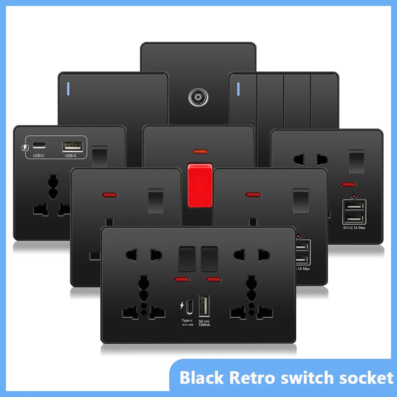 Universal Black USB Type-C 18W Smart Fast Charging Socket Double 5-pin Power Plug,UK Electrical Internationa Wall Light Switch