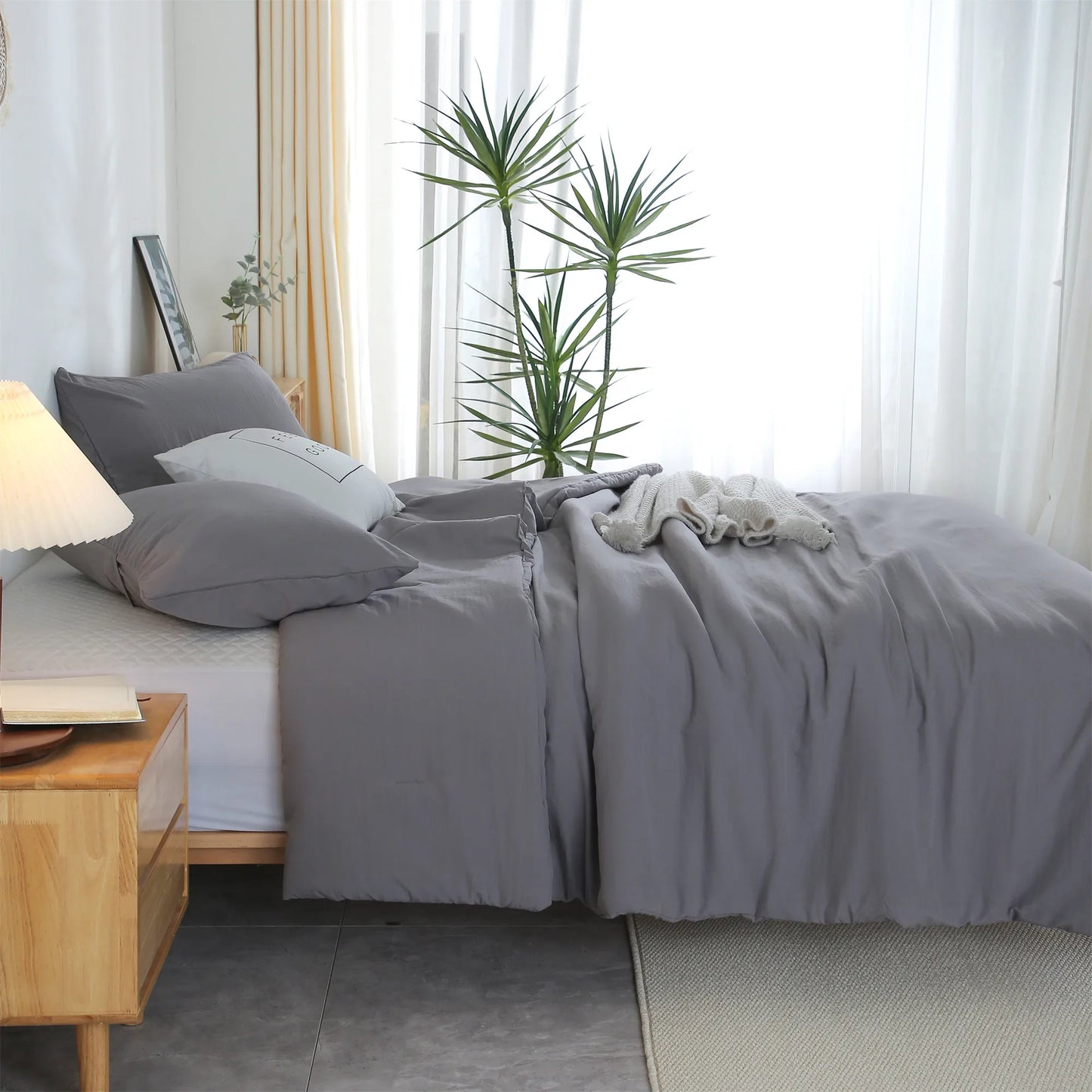 Lightweight Fluffy Bedding Twin Set Comforter Down Duvet Cover Dark Gray Comfortable Bed Set with Pillow Sham