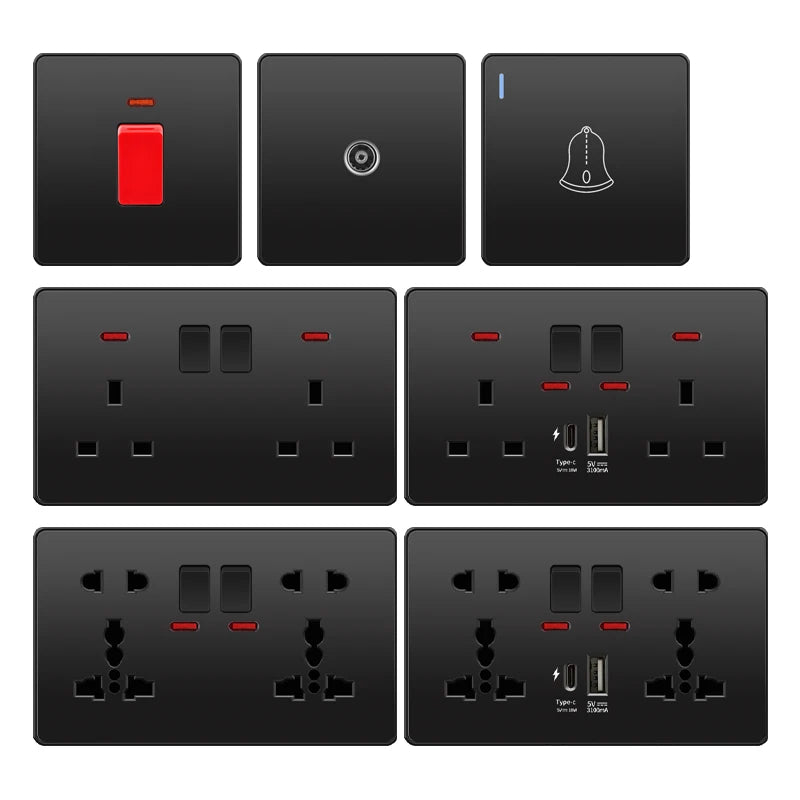 Universal Black USB Type-C 18W Smart Fast Charging Socket Double 5-pin Power Plug,UK Electrical Internationa Wall Light Switch