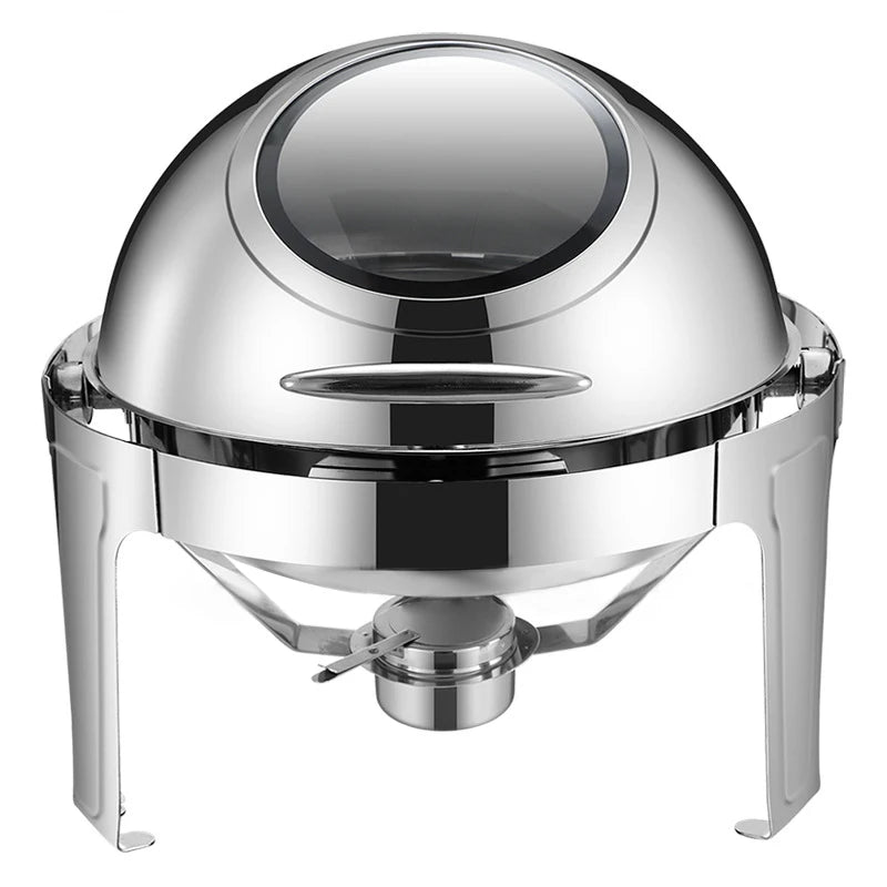Hotel Large Stainless Steel Gold Hot Pot 6.5L Large Roll Top Round Dining Silver Chafing Dish Food Warmer