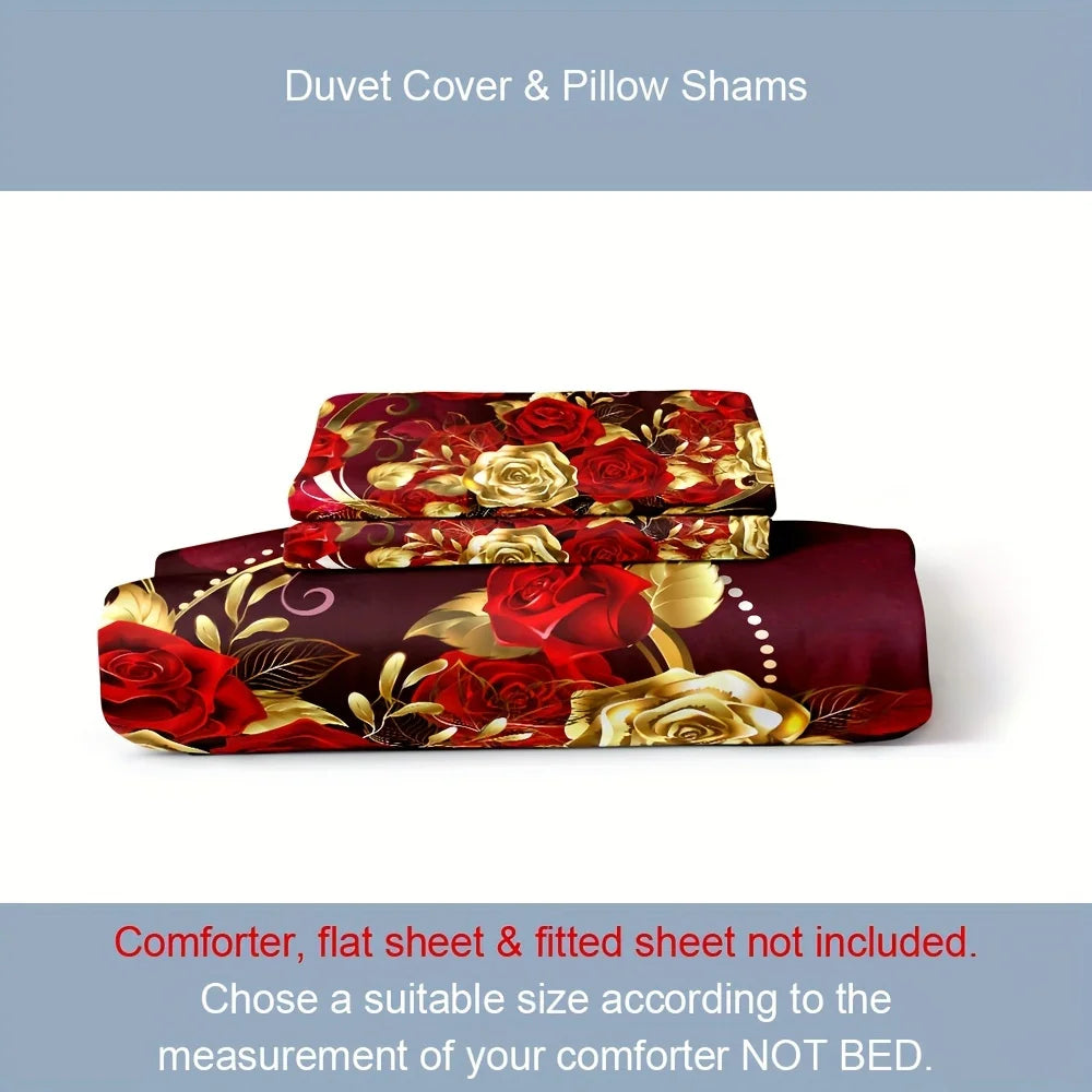 Luxury Classic Duvet Cover Set 1*Duvet Cover + 2*Pillowcase Love Rose Print Bedding Set Soft Comfortable Duvet Cover For Bedroom