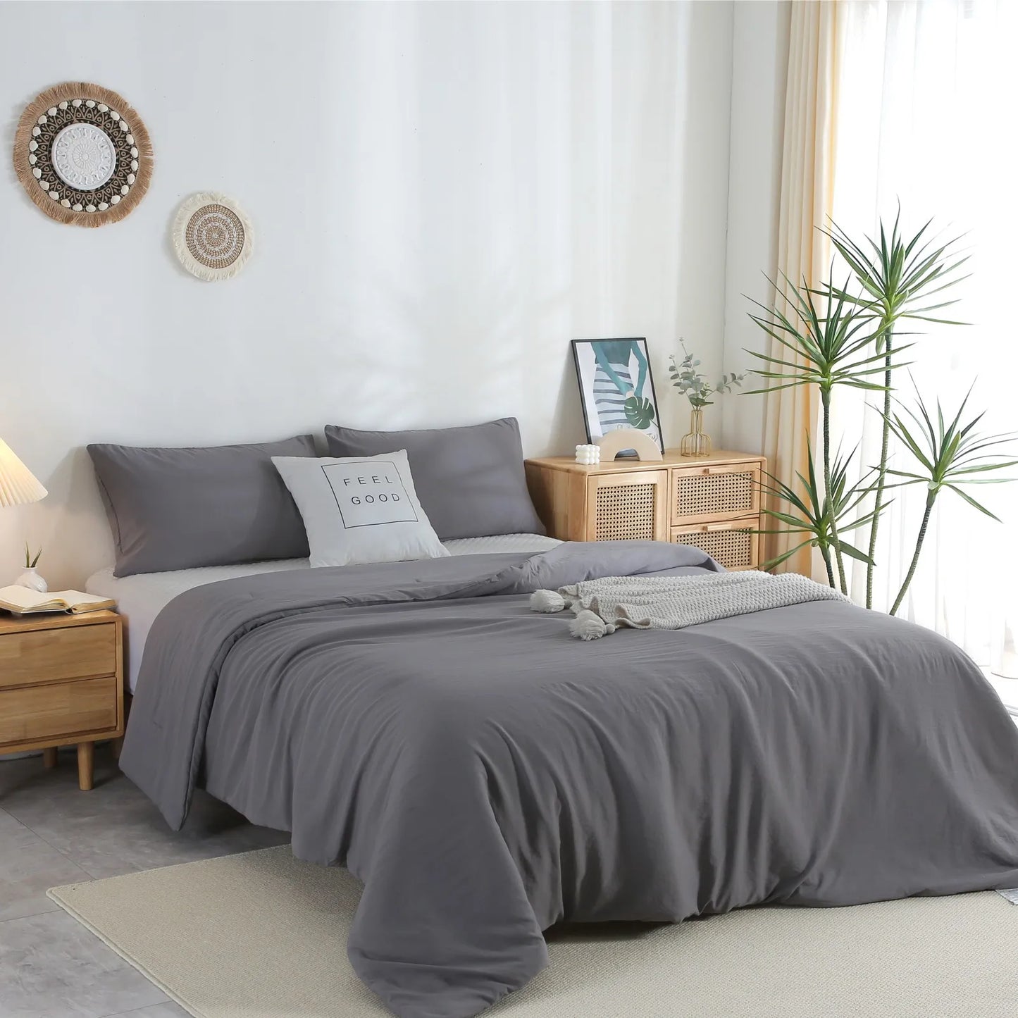 Lightweight Fluffy Bedding Twin Set Comforter Down Duvet Cover Dark Gray Comfortable Bed Set with Pillow Sham