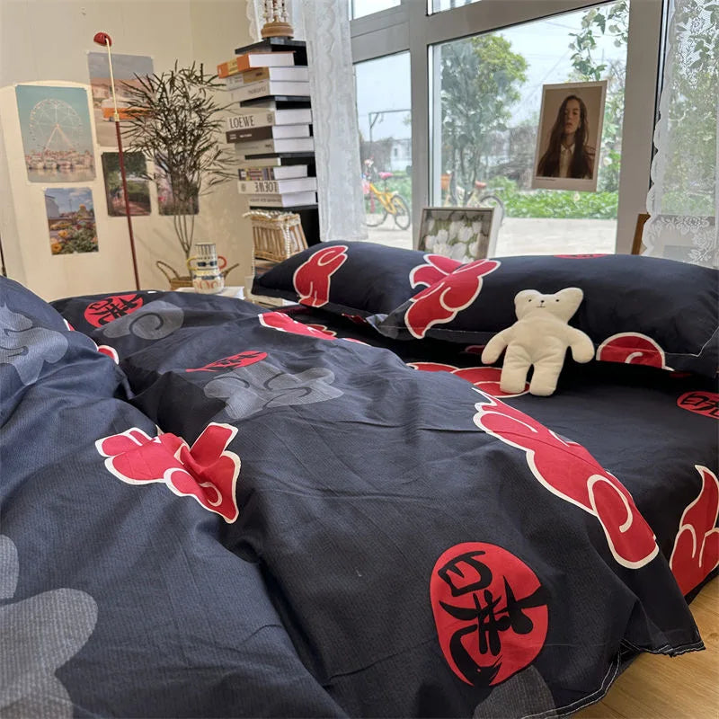 4Pcs/NARUTO Akatsuki Anime Bed Four-Piece Set for Men and Women Comfortable Bedroom Sheets Quilt Cover Student Dormitory Bedding