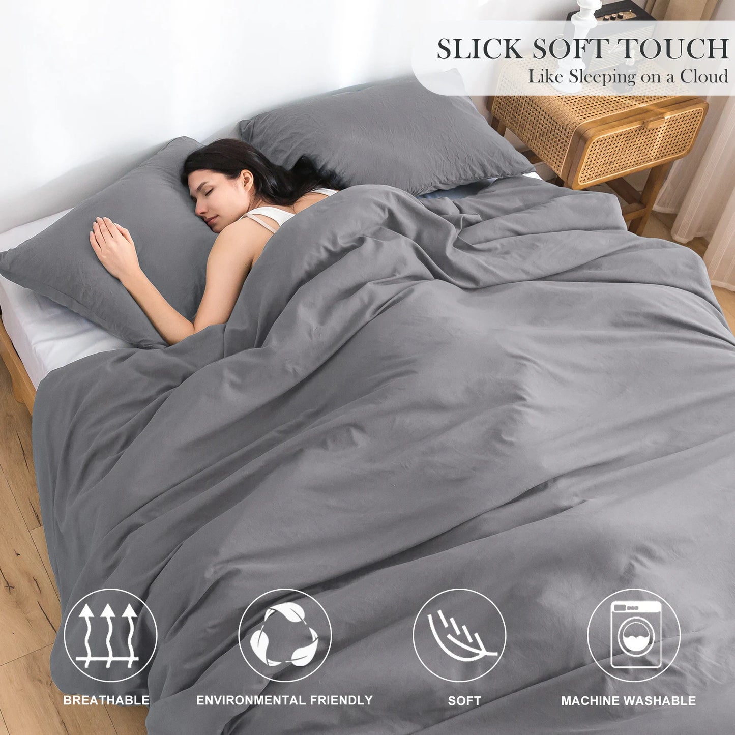 Lightweight Fluffy Bedding Twin Set Comforter Down Duvet Cover Dark Gray Comfortable Bed Set with Pillow Sham