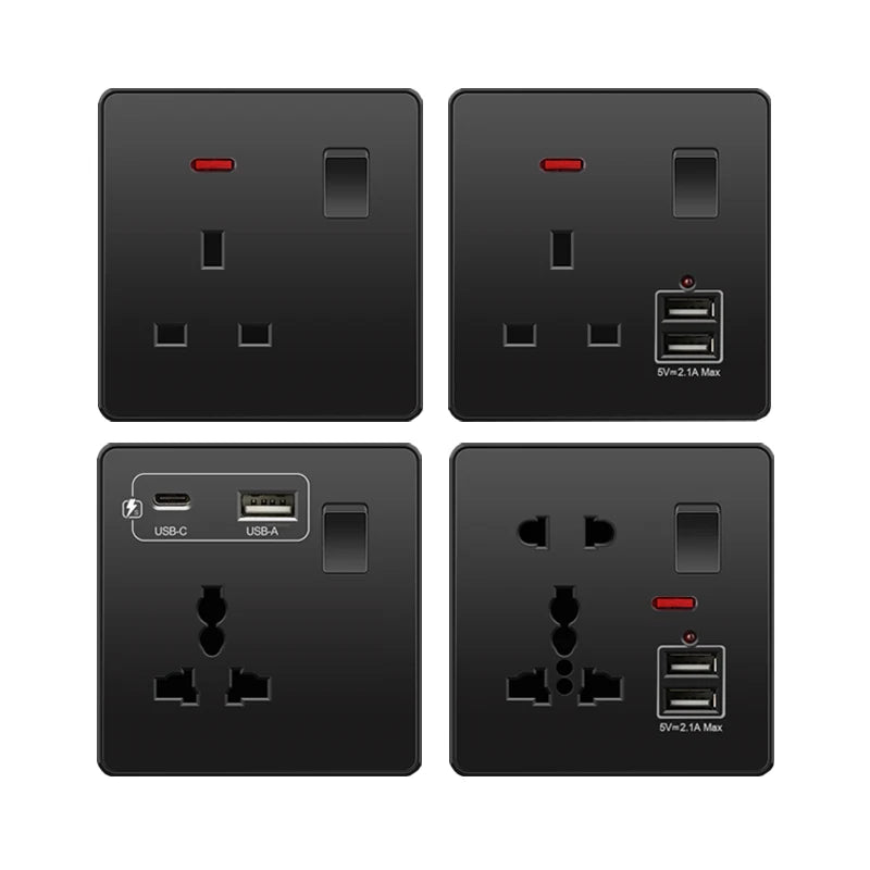 Universal Black USB Type-C 18W Smart Fast Charging Socket Double 5-pin Power Plug,UK Electrical Internationa Wall Light Switch