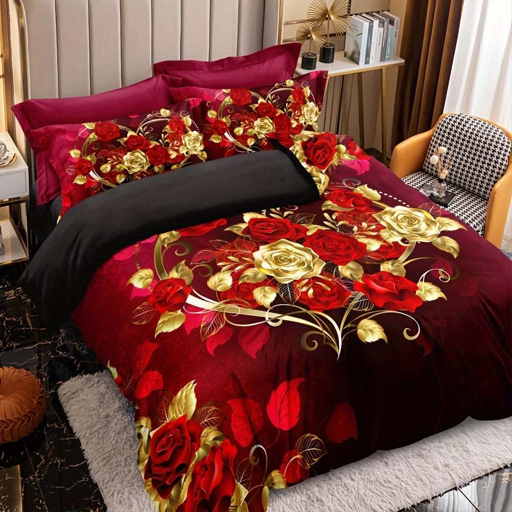 Luxury Classic Duvet Cover Set 1*Duvet Cover + 2*Pillowcase Love Rose Print Bedding Set Soft Comfortable Duvet Cover For Bedroom