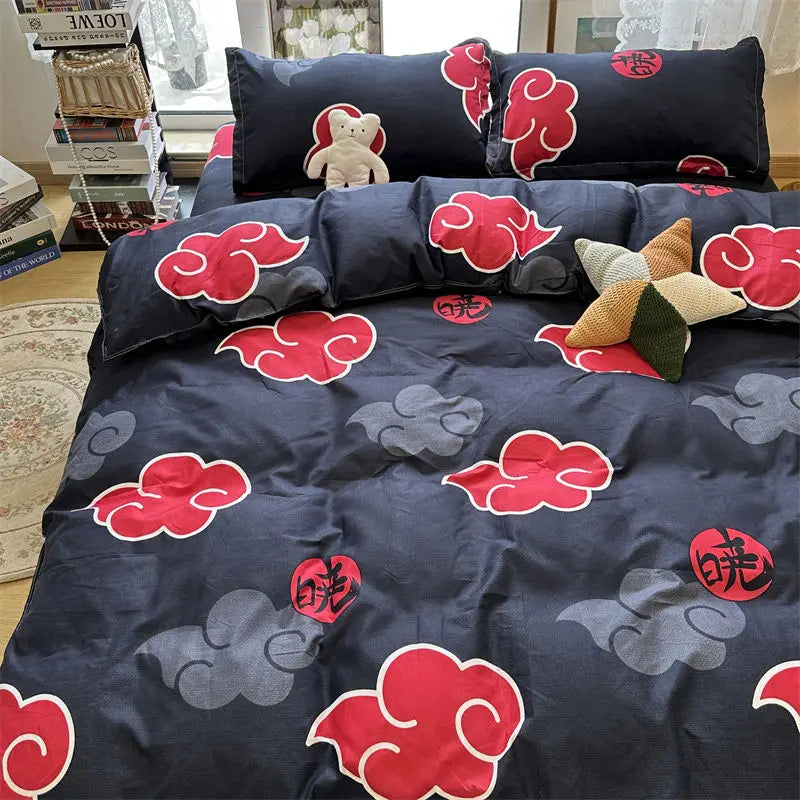 4Pcs/NARUTO Akatsuki Anime Bed Four-Piece Set for Men and Women Comfortable Bedroom Sheets Quilt Cover Student Dormitory Bedding