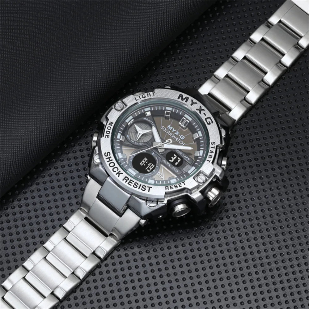 Solar Energy Watch For Men Endurance Light Kinetic Energy Timer Alarm Clock Rotating Windmill All Steel Men Watch Reloj Hombre