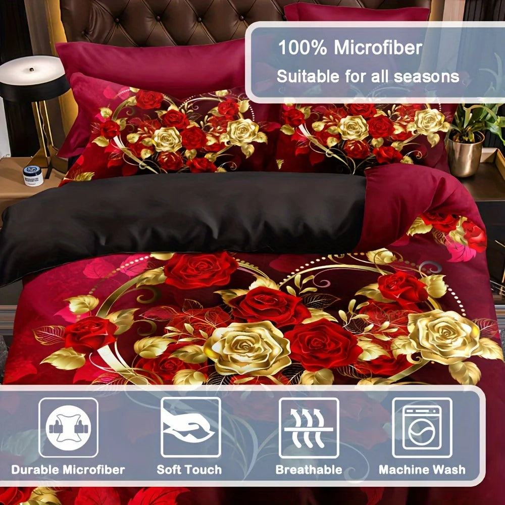 Luxury Classic Duvet Cover Set 1*Duvet Cover + 2*Pillowcase Love Rose Print Bedding Set Soft Comfortable Duvet Cover For Bedroom