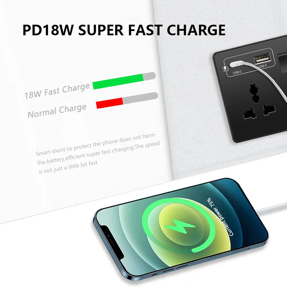 Universal Black USB Type-C 18W Smart Fast Charging Socket Double 5-pin Power Plug,UK  Electrical Internationa Wall Light Switch
