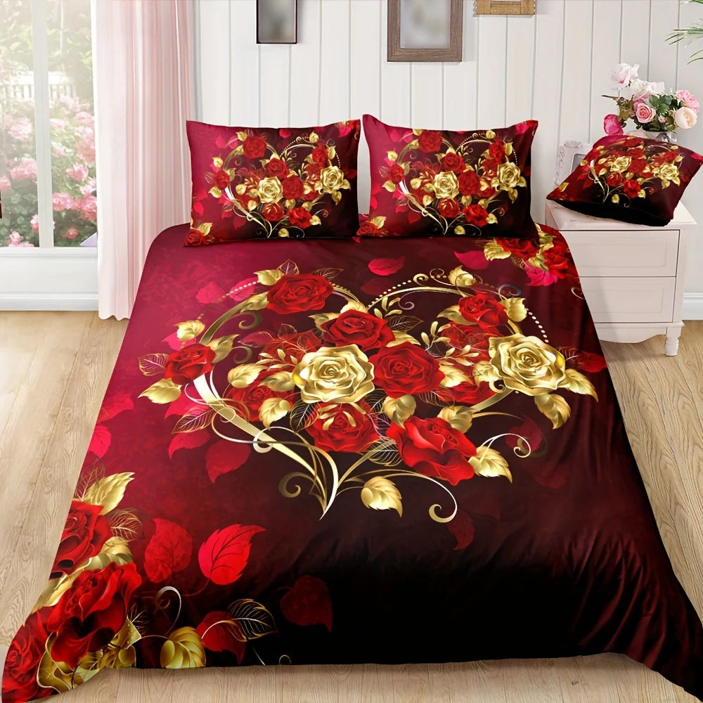 Luxury Classic Duvet Cover Set 1*Duvet Cover + 2*Pillowcase Love Rose Print Bedding Set Soft Comfortable Duvet Cover For Bedroom